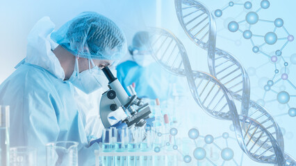 research and developement concept background scientist or reseacher using microscope in biotechnolog