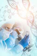 Wall Mural - scientist holding vaccine bottle in hand in modern clinical laboratory with microscope