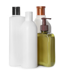 Wall Mural - Different bottles of shampoo on white background