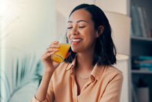 Orange Juice, Drink And Happy Black Woman Relax While Drinking Health Liquid Or Organic Fruit Beverage. Happiness, Smile And Thirsty Nutritionist Girl With Glass Of Juice For Wellness And Hydration