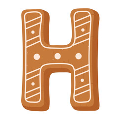 Christmas gingerbread cookie in shape of letter H on white background 