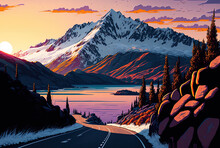A Road On A Steep Slope And The Snow Capped Lake Wakatipu Mount At Sunset In New Zealand. Generative AI