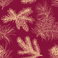  Christmas seamless pattern with fir and pine branches and cones. Magenta background and golden ornament. Botanical vector illustration. Sketch.