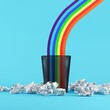Rainbow color on Recycle bin with paper trash on blue background. 3D Render. Creative minimal idea concept.
