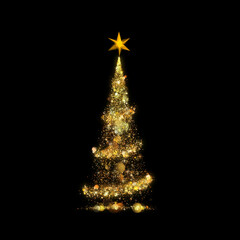 Wall Mural - gold christmas tree lights on black background.