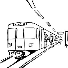 a subway train stops in the station and people get on and off hand drawn. isolated vector graphic