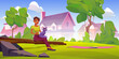 © klyaksun - Biracial woman sitting outdoors with cat on laps. Vector cartoon illustration of female character and pet animal having rest in backyard near countryside cottage house, blanket on grass. Summer relax