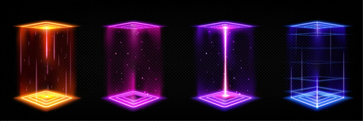 futuristic portals, magic hologram teleport with square podium. time travel booth, virtual reality p