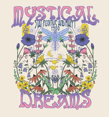 Wall Mural - MYSTICAL DREAMS.Retro 70's psychedelic hippie element illustration print with groovy slogan for man - woman graphic tee t shirt or sticker poster - Vector