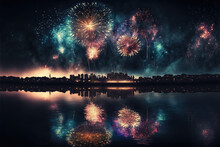Fireworks Exploding Over A City Skyline With Reflections In The Water, Digital Render Of An Imaginary City With Beautiful New Year's Eve Or Fourth Of July Festival Fireworks, Generative AI