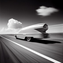 Speed Concept. Generative AI Illustration Of A Rocket Car Speeding In The Desert.