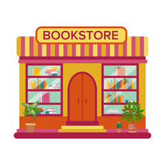 Wall Mural - Book store. Shop and cafe exterior. Vector illustration of commercial building on city street isolated on white. Local business