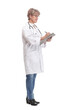 © ASDF - Happy smiling female doctor with stethoscope writing on clipboard