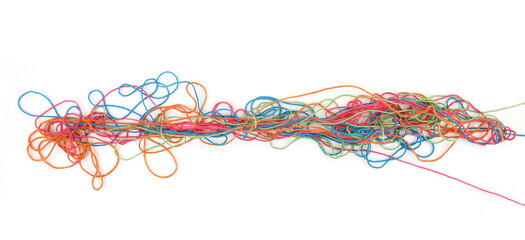 Wall Mural - tangled colorful cotton threads isolated on white background. abstract thread lines chaos pattern.