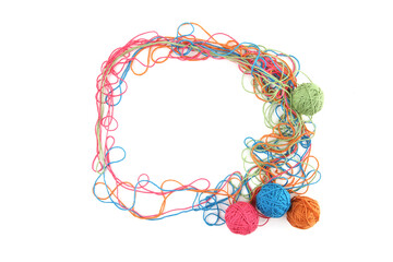 Wall Mural - circe of tangled colorful cotton threads isolated on white background. abstract thread lines chaos p