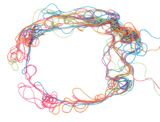 Wall Mural - circle of tangled colorful cotton threads isolated on white background. abstract thread lines chaos 
