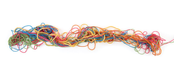 Wall Mural - tangled colorful cotton threads isolated on white background. abstract thread lines chaos pattern.