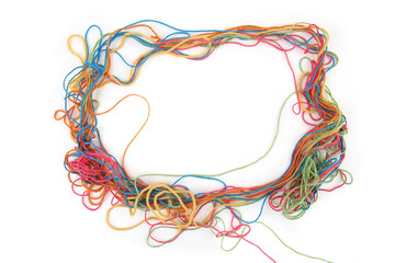 Wall Mural - circle of tangled colorful cotton threads isolated on white background. abstract thread lines chaos 