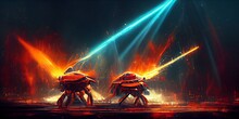 Sci-fi Crabs Fighting On A Stage.