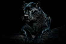 Panther In Rest. Black And White Portrait Of Leopard On Black Background. Predator Series. Danger Concept. Digital Art	