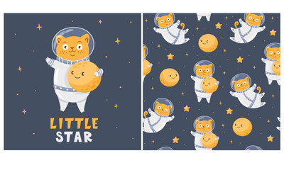 Wall Mural - Vector seamless pattern and print for printing on clothing. Cute cat astronaut holding the moon and waving. Little star lettering. Cat astronaut flying in space, smiling moon, stars, space. Cute