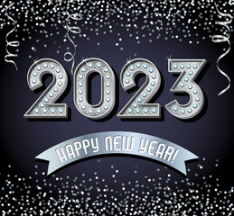 2023 Happy New Year design with vintage silver light bulb letters, glitter, confetti and streamers. For greeting cards, social media, banners, posters.