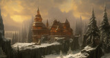 An ancient temple, in a winter landscape.