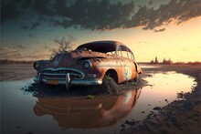 Wreck Of A Car In The Desert In A Waterhole, Generative Ai