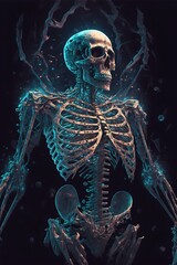 Wall Mural - Human skeleton on dark clean blue background, bone isolated, generative ai