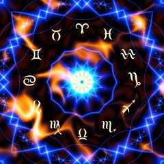 Wall Mural - Magic circle with zodiacs sign on abstract black background.