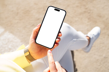 mobile phone mockup, woman using phone outside