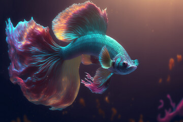 Wall Mural - illustration of colorful Betta fish swimming underwater , glitter glow light reflect from scale