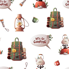 Wall Mural - seamless pattern with tourist backpack, lantern, kettle.
