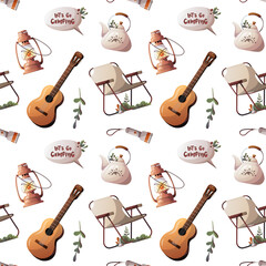 Wall Mural - seamless pattern with guitar, camp chair, lantern, kettle.