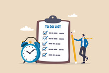 To Do List, Task Management Or Completion Tracking Or Reminder To Finish Assignment, Work Planning Or Schedule Concept, Productive Businessman With Pencil And To Do List Clipboard With Alarm Clock.