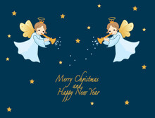 Christmas Card With Angels Blowing The Horn And Wadding With The Birth Of Jesus. Cute Little Angels With Stars