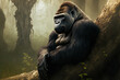 A slouched gorilla rests against a lifeless tree. Generative AI