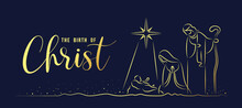 The Birth Of Christ - Abstract Gold Line Drawing The Nativity With Mary And Joseph In A Manger With Baby Jesus On Dark Blue Background Vector Design