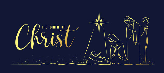 Wall Mural - The birth of christ - abstract gold line drawing The Nativity with mary and joseph in a manger with baby Jesus on dark blue background vector design