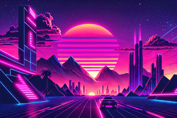 Wall Mural - Abstract neon synthwave 80s background design illustration (Generative AI)