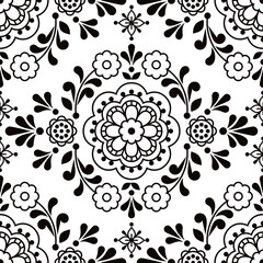 Wall Mural - Scandinavian floral folk art  vector seamless pattern, cute ornamental design perfect for textile or fabric print in black and white
