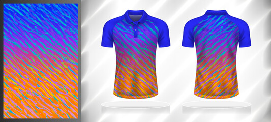 Vector sport pattern design template for Polo T-shirt front and back with short sleeve view mockup. Shades of blue-purple-pink-orange-yellow color gradient abstract texture background illustration.