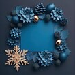 Luxury Christmas gold and blue decorations on blue background. Flat lay composition with empty space for text. AI generated image.