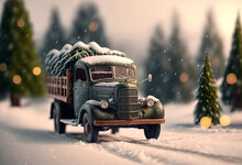 Vintage R Christmas Truck Carrying A Fir Tree. Festive Background. Genrative Ai.