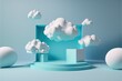 blue rendering with podium minimal cloud scene, minimal product display background 3d render sky cloud blue pastel. Podium, pedestal, layout, template for the presentation of a modern exhibition