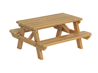 Wooden picnic table with benches, one piece wood furniture for outdoor dining isolated on white background 3d rendering