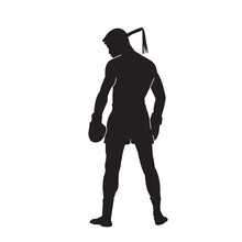 Muay Thai Fighter Isolated Black Silhouette.