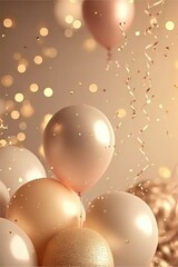 Wall Mural - Festive luxury background with golden inflatable balloons, confetti, blurred background with  bokeh effect. Generative Ai