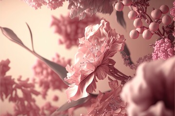 Delicate romantic pastel pink background with beautiful flowers.  Abstract wedding backdrop. Ai generative