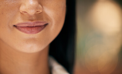 Canvas Print - Woman, mouth and macro of face, lips and skin for beauty, cosmetics and makeup mockup while indoor with a smile, happiness and positive energy. Zoom of female with a glow from natural skincare